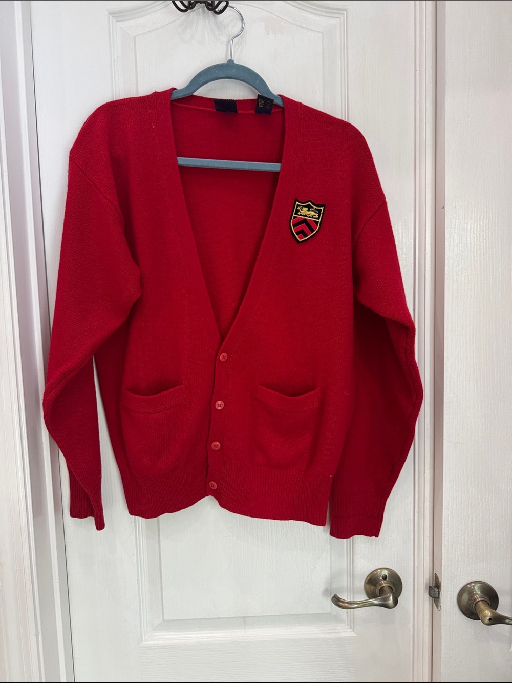 Daniel Hechter 100% Virgin Wool Red V-Neck Cardigan with Crest Patch